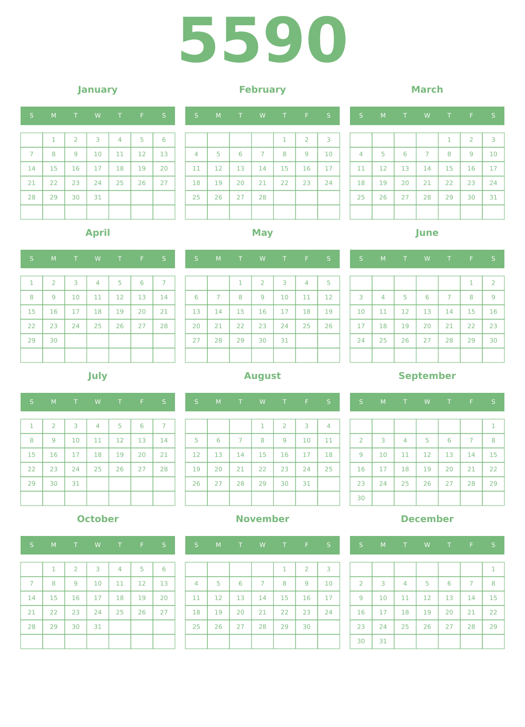 Printable 5590 Year Calendars celadon