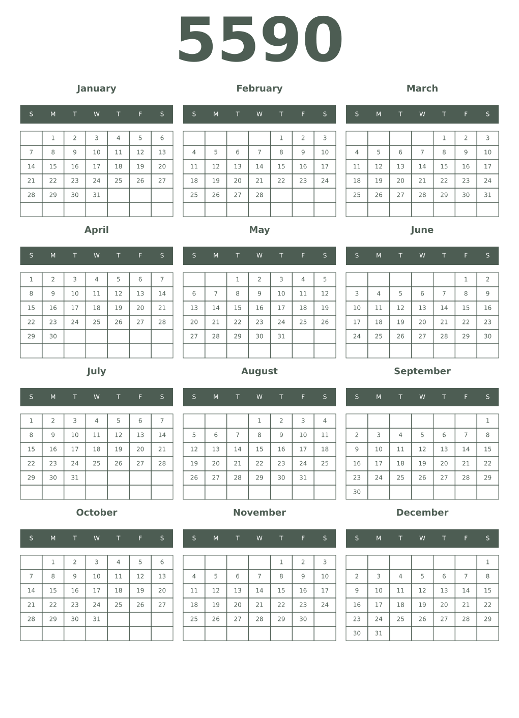 Printable 5590 Year Calendars feldgrau
