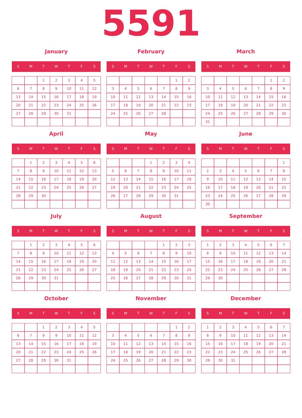 Printable 5591 Year Calendars amaranth