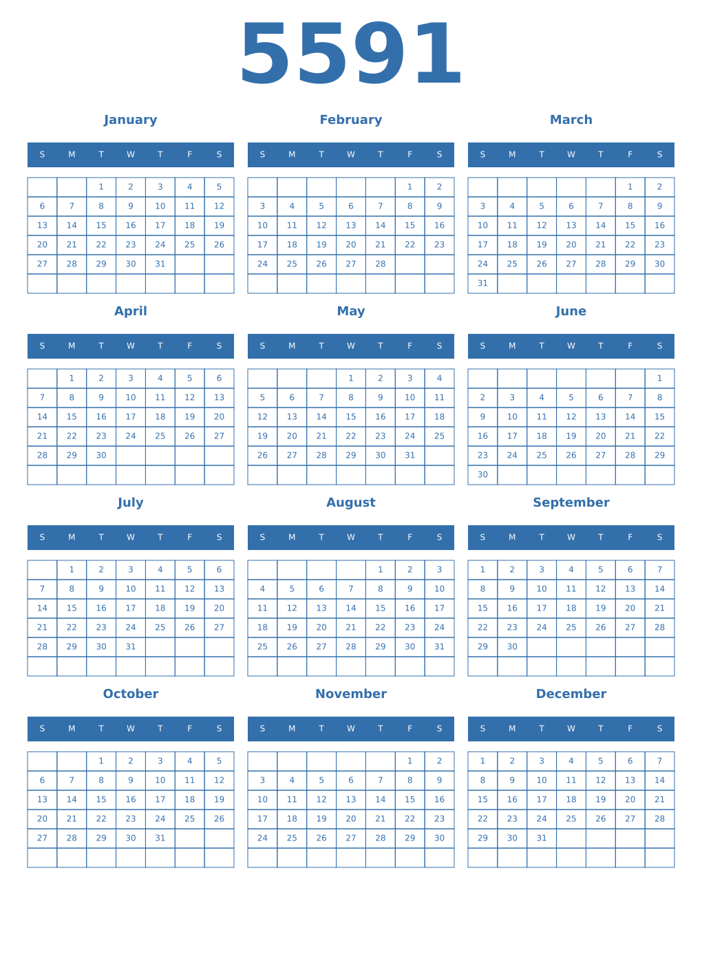 Printable 5591 Year Calendars blue
