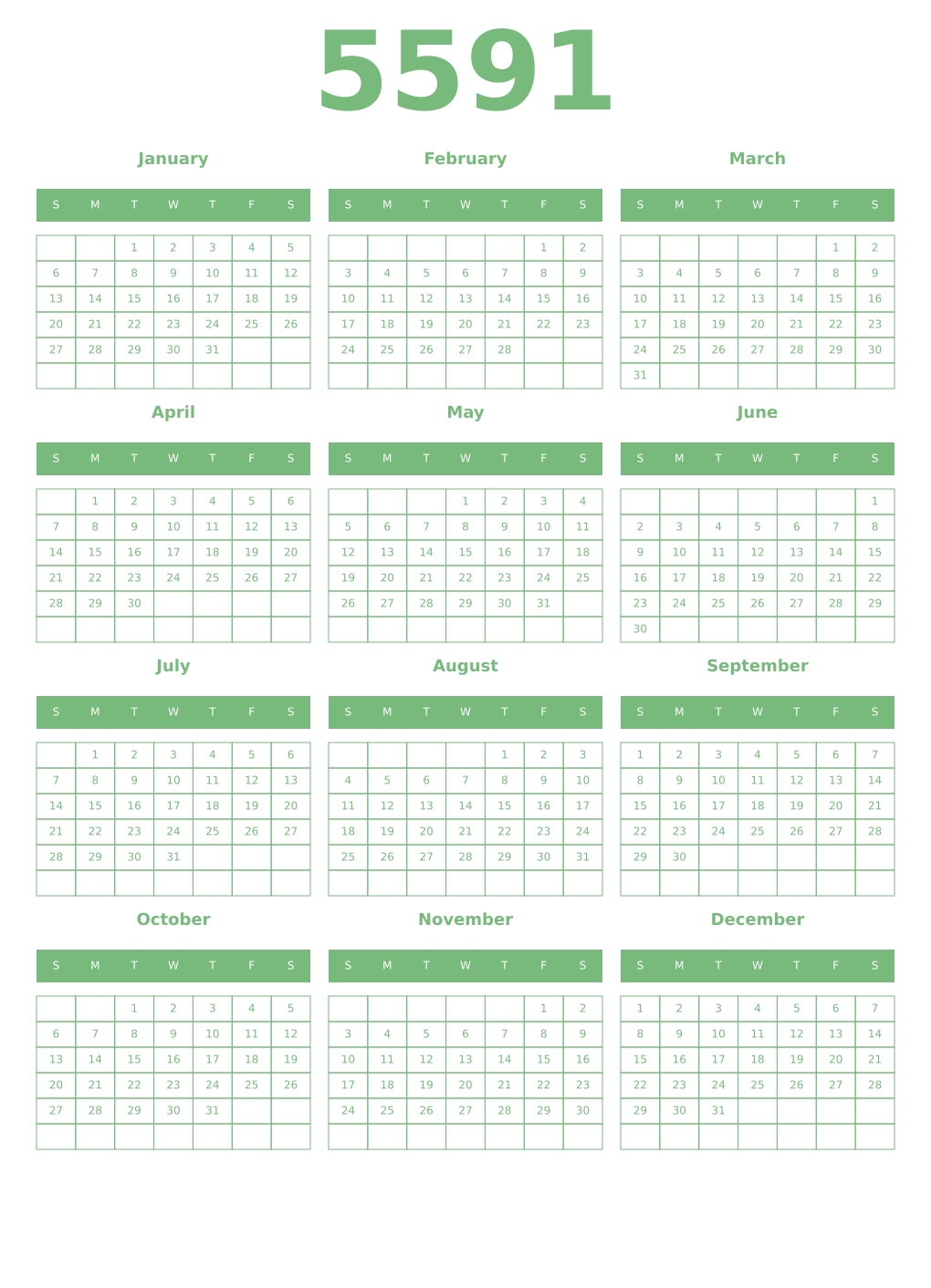 Printable 5591 Year Calendars celadon