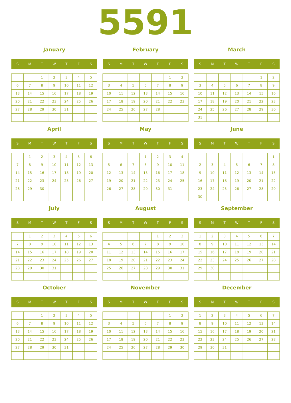 Printable 5591 Year Calendars chartreuse