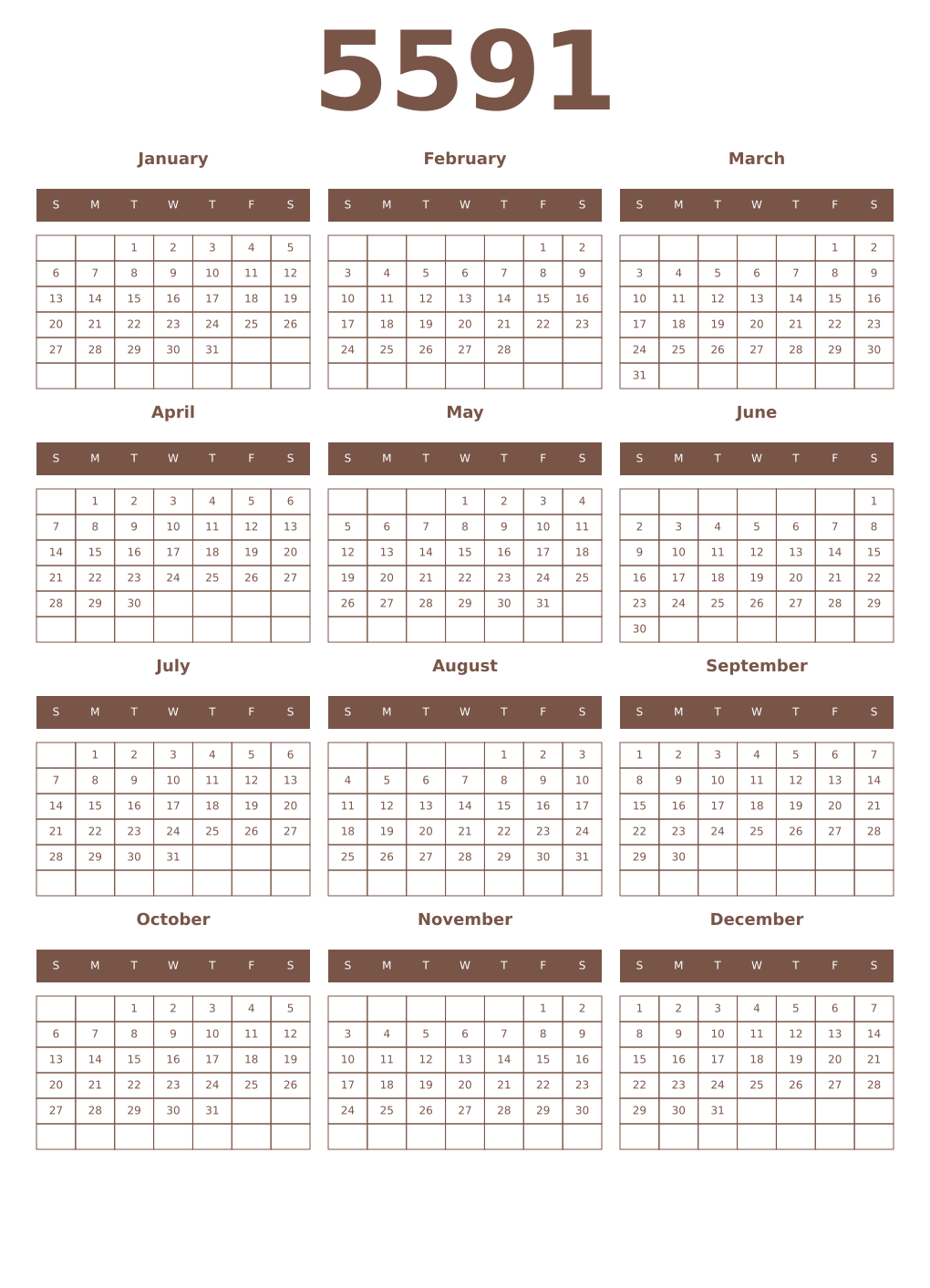 Printable 5591 Year Calendars coffe