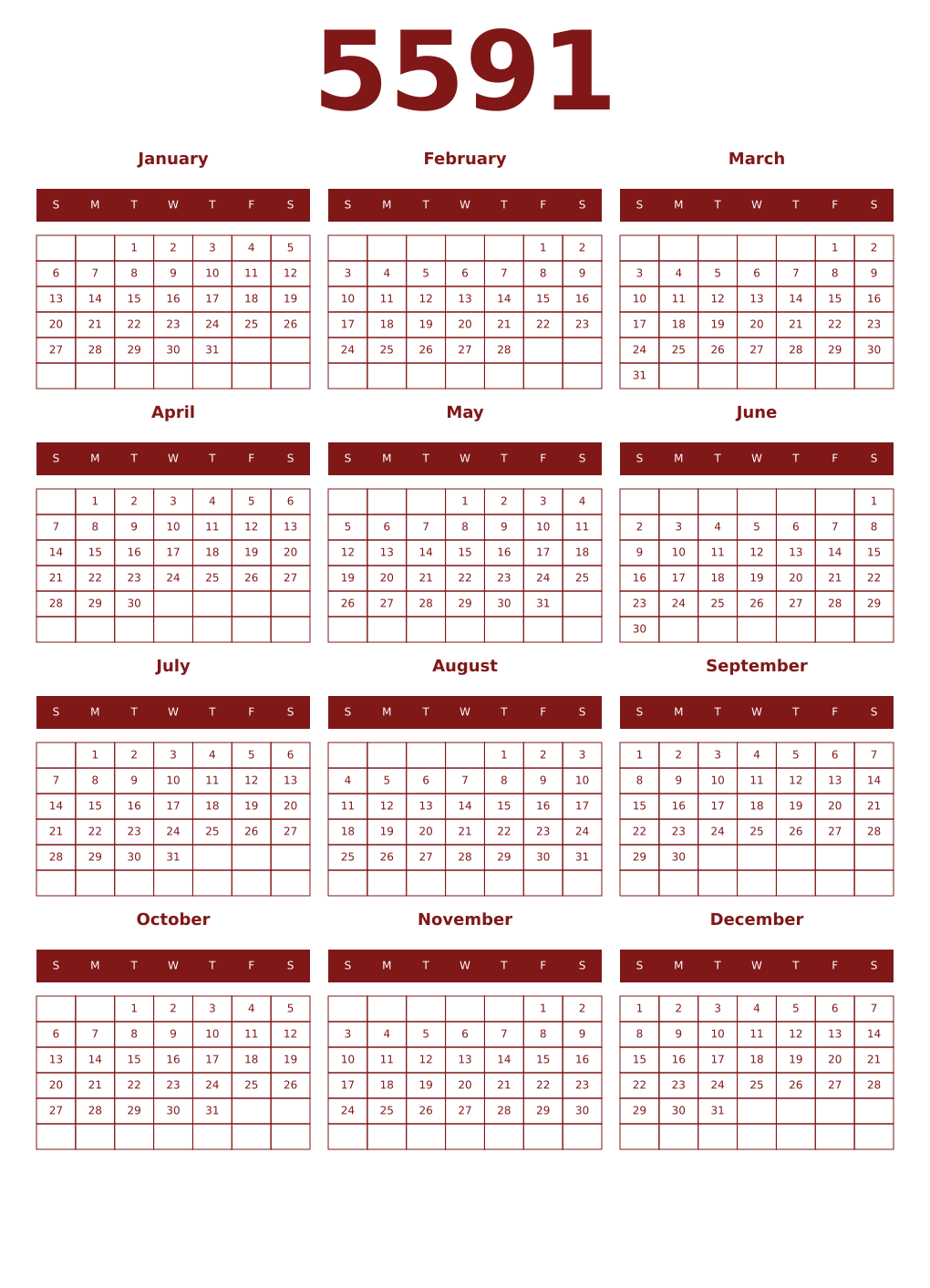 Printable 5591 Year Calendars falu