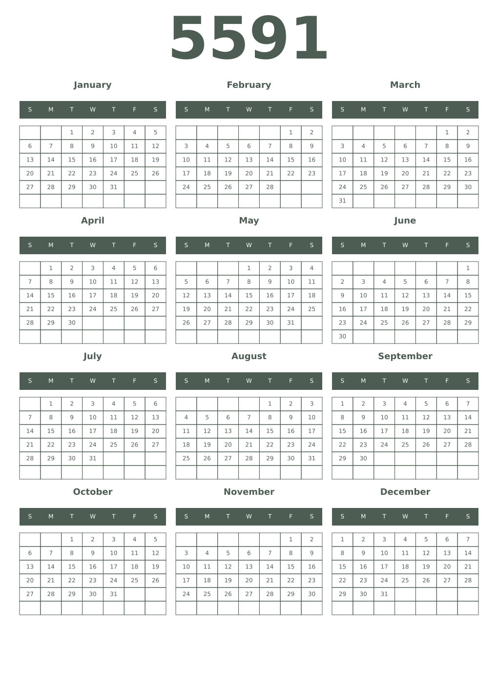 Printable 5591 Year Calendars feldgrau
