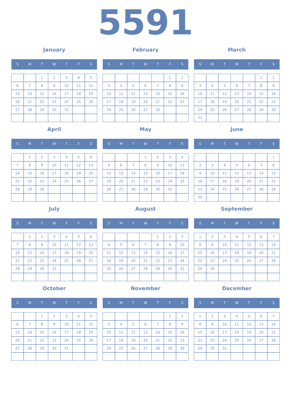 Printable 5591 Year Calendars glaucous