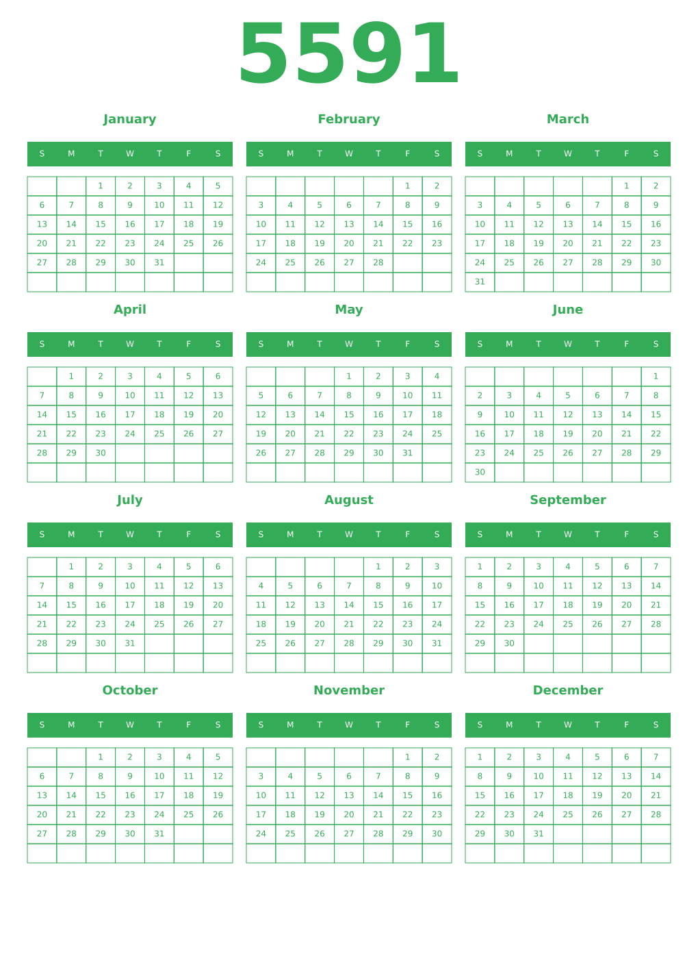 Printable 5591 Year Calendars green