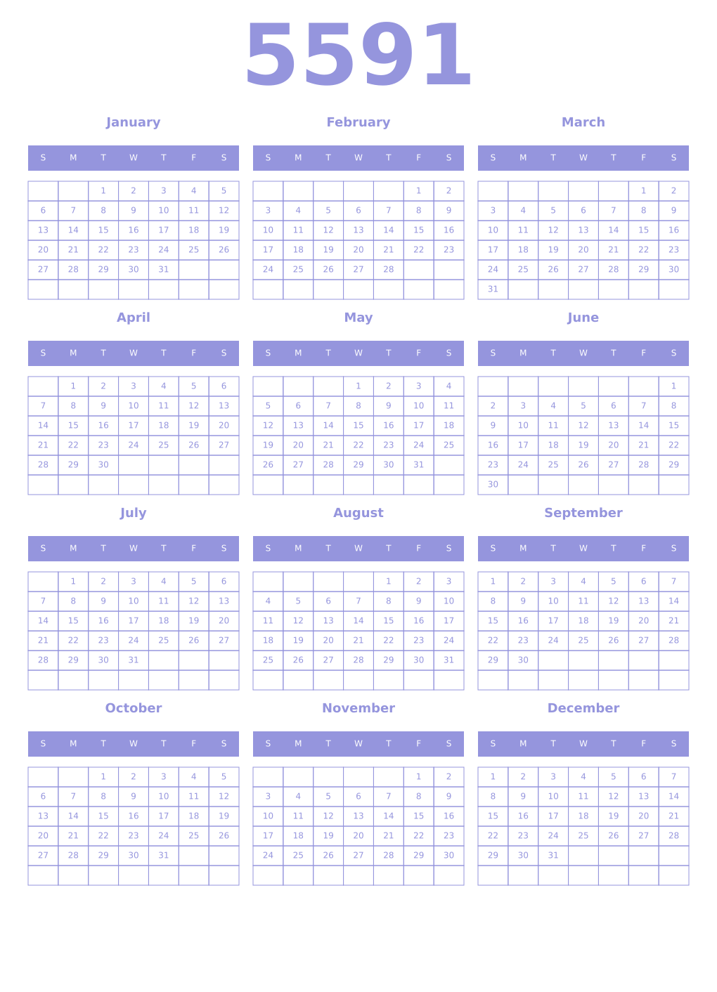 Printable 5591 Year Calendars periwinkle