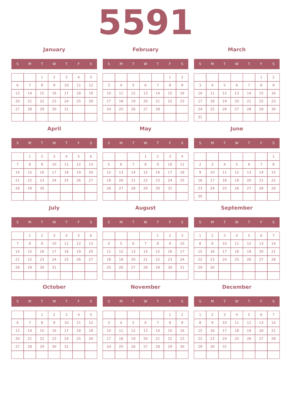 Printable 5591 Year Calendars puce