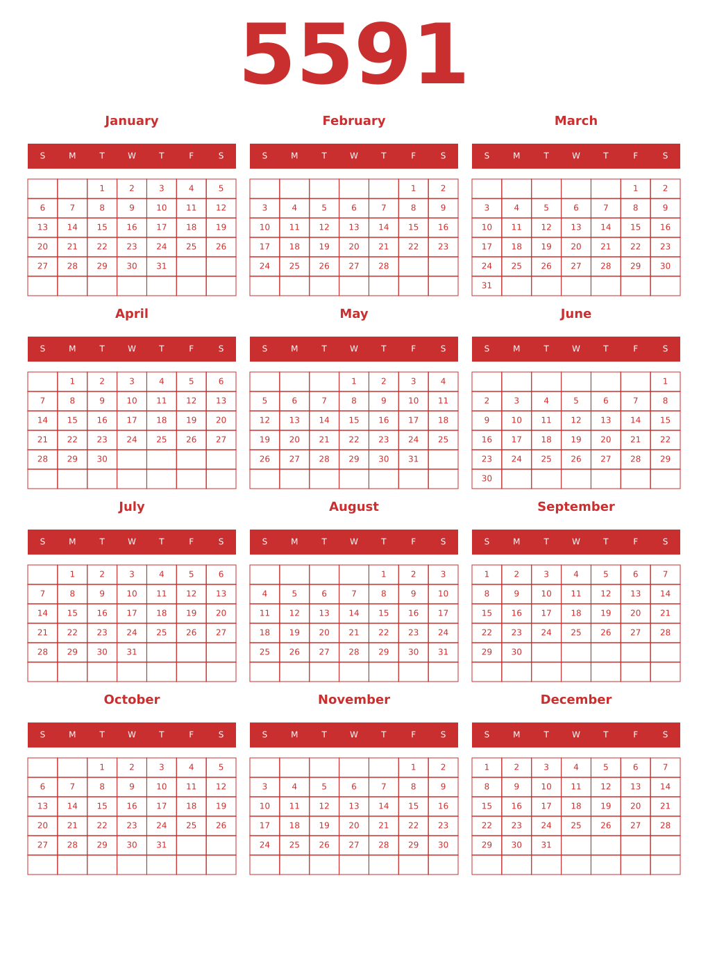 Printable 5591 Year Calendars red