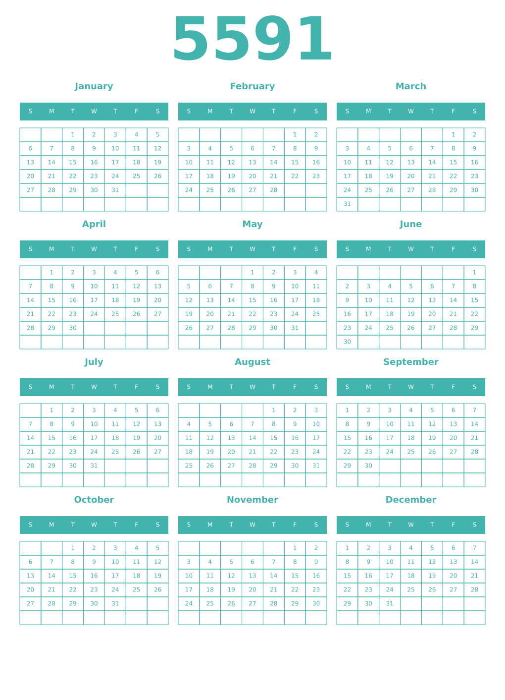 Printable 5591 Year Calendars verdigris