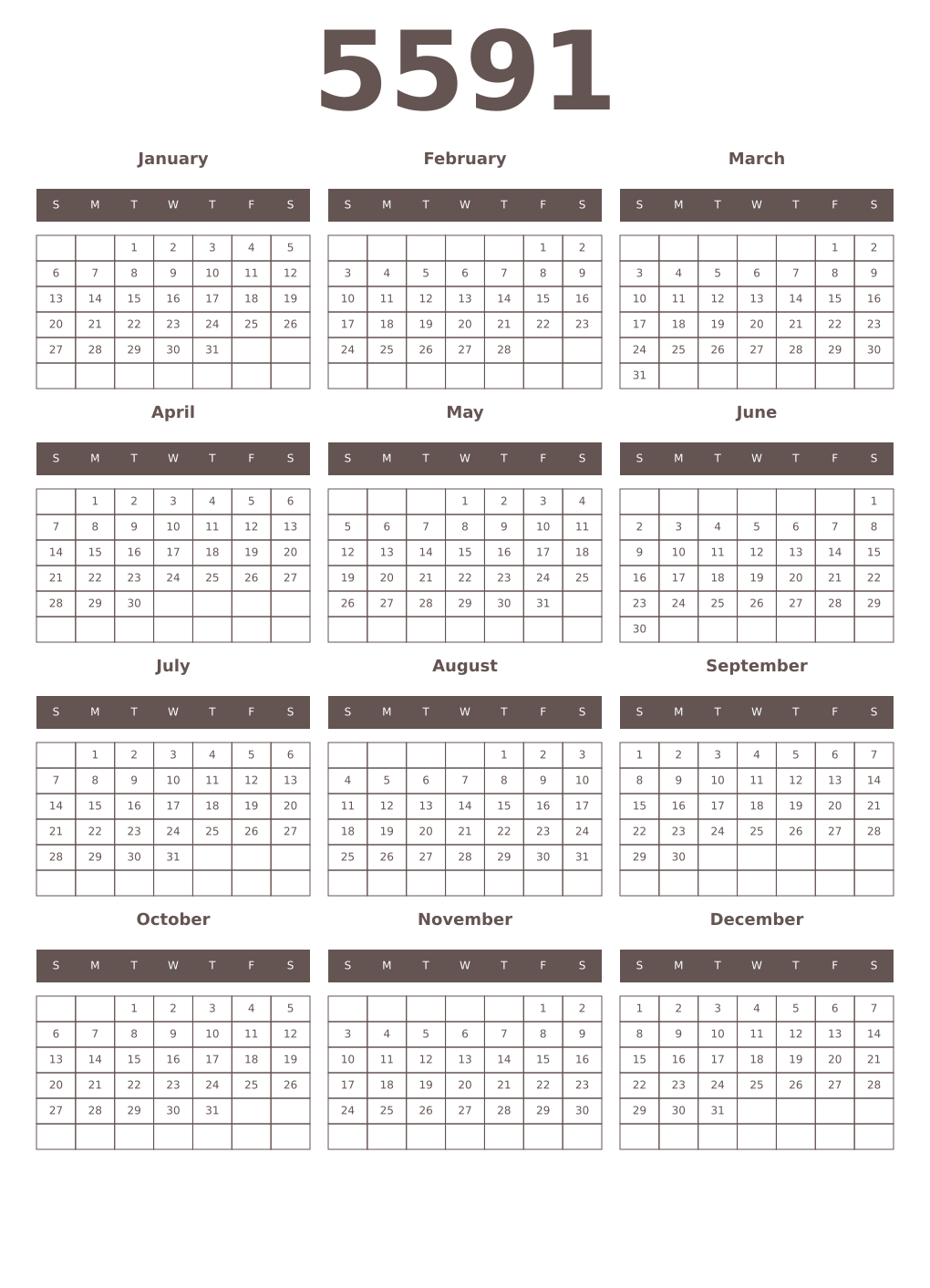 Printable 5591 Year Calendars wenge