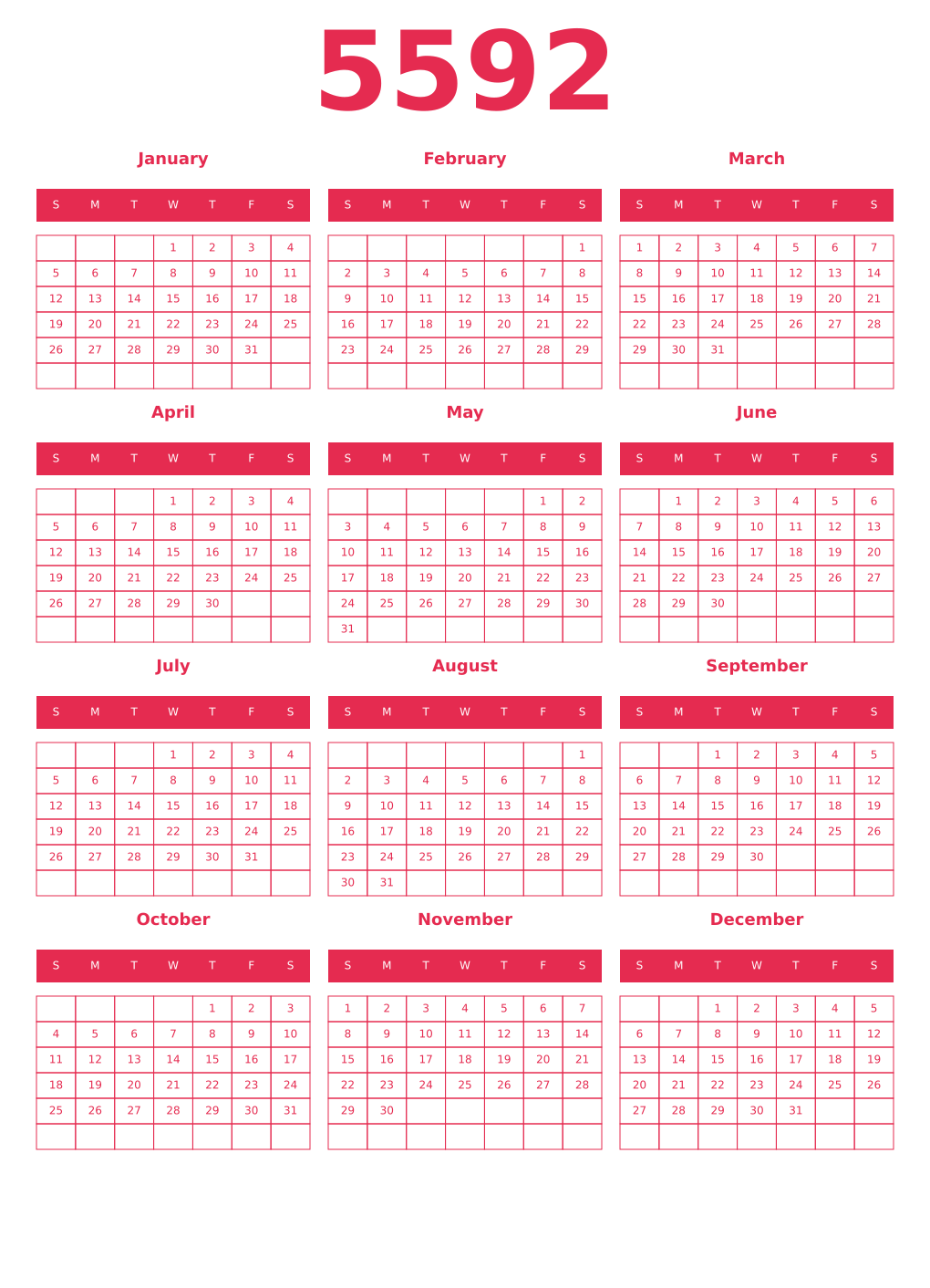 Printable 5592 Year Calendars amaranth