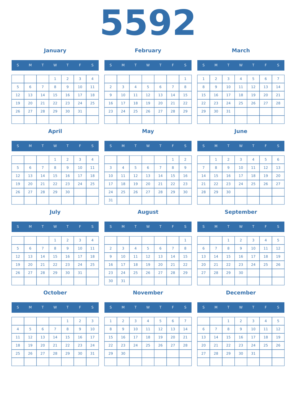 Printable 5592 Year Calendars blue