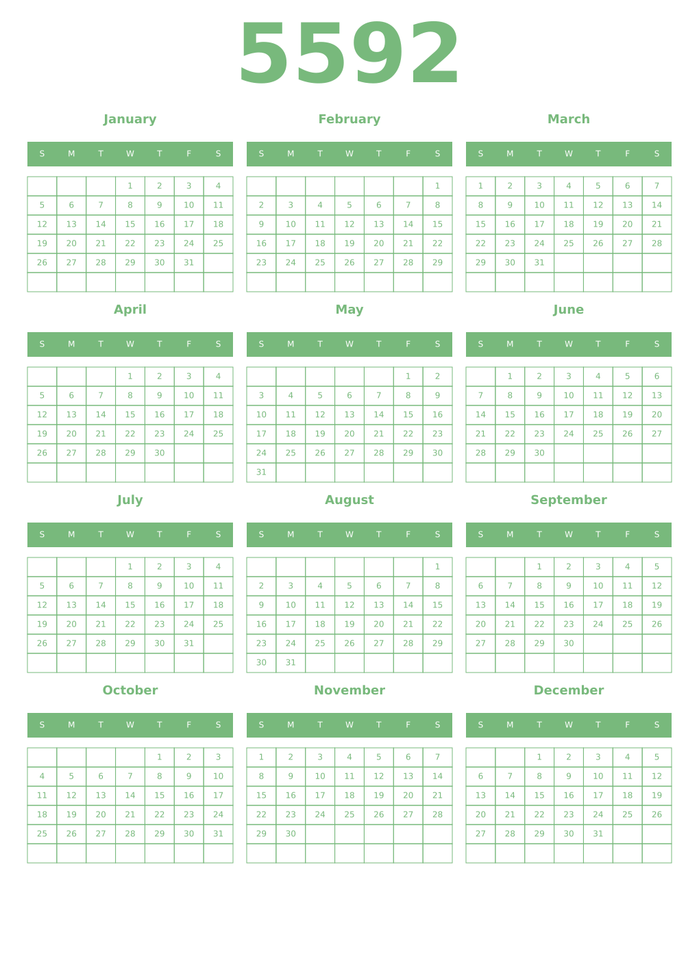 Printable 5592 Year Calendars celadon