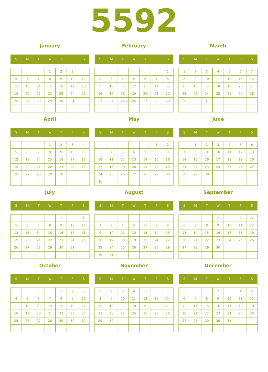 Printable 5592 Year Calendars chartreuse