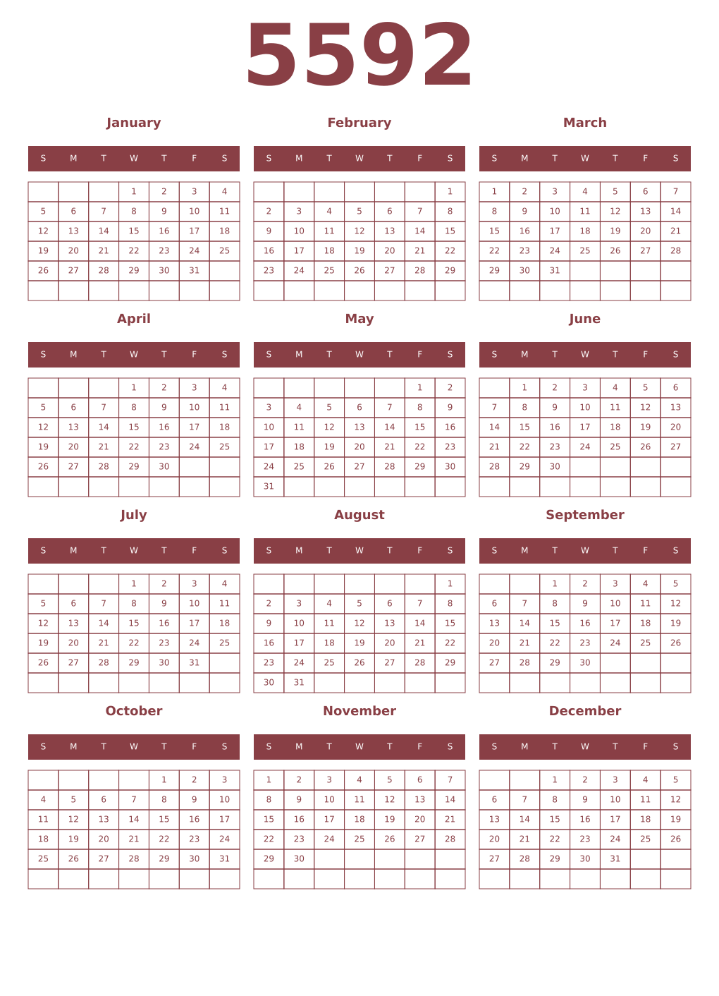 Printable 5592 Year Calendars cordovan