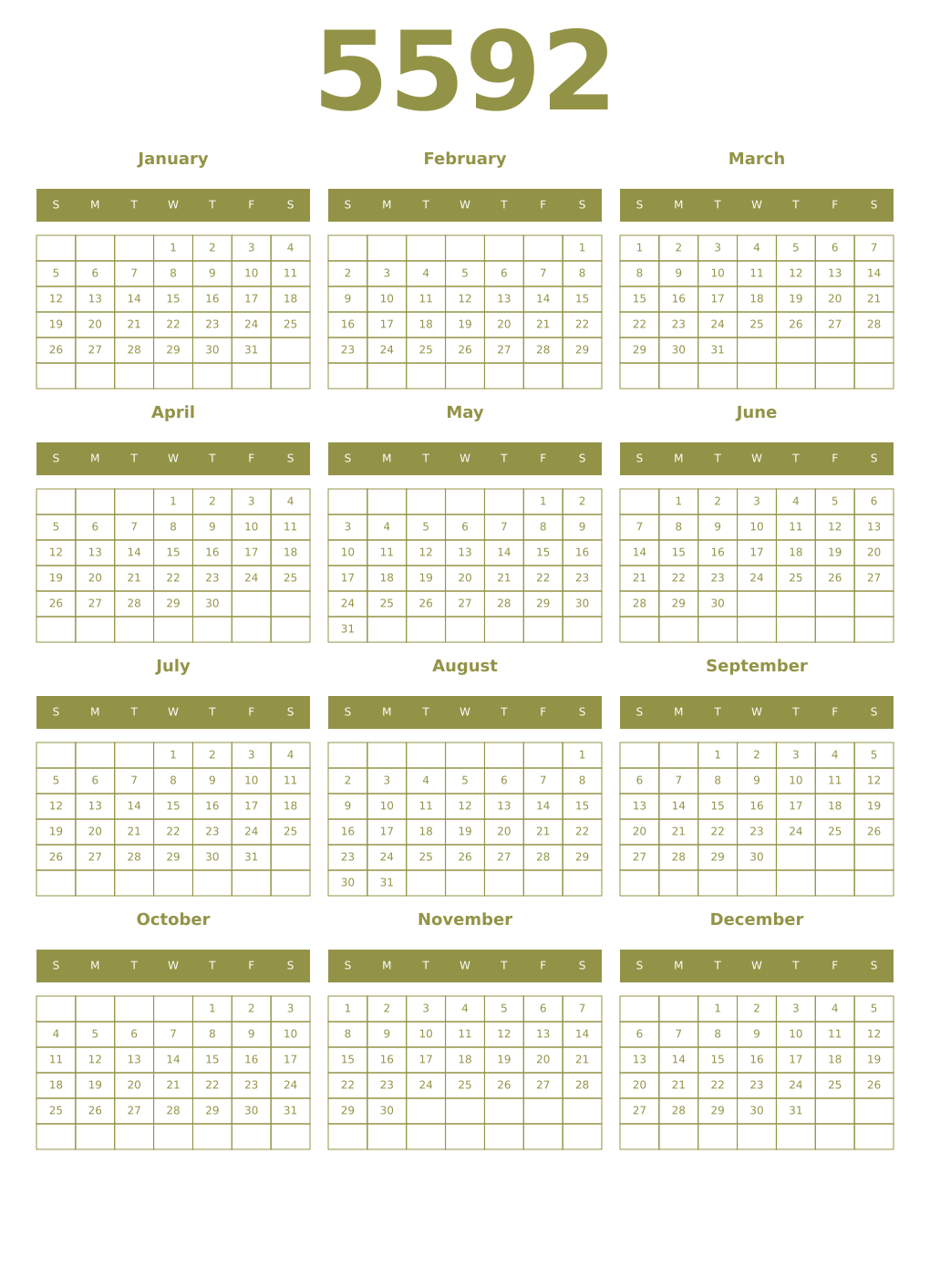 Printable 5592 Year Calendars eburnean