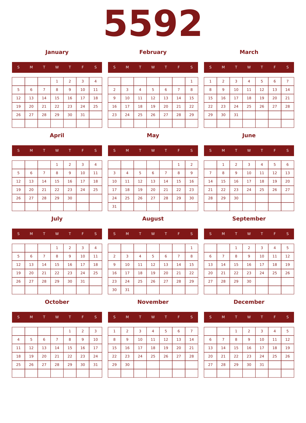 Printable 5592 Year Calendars falu