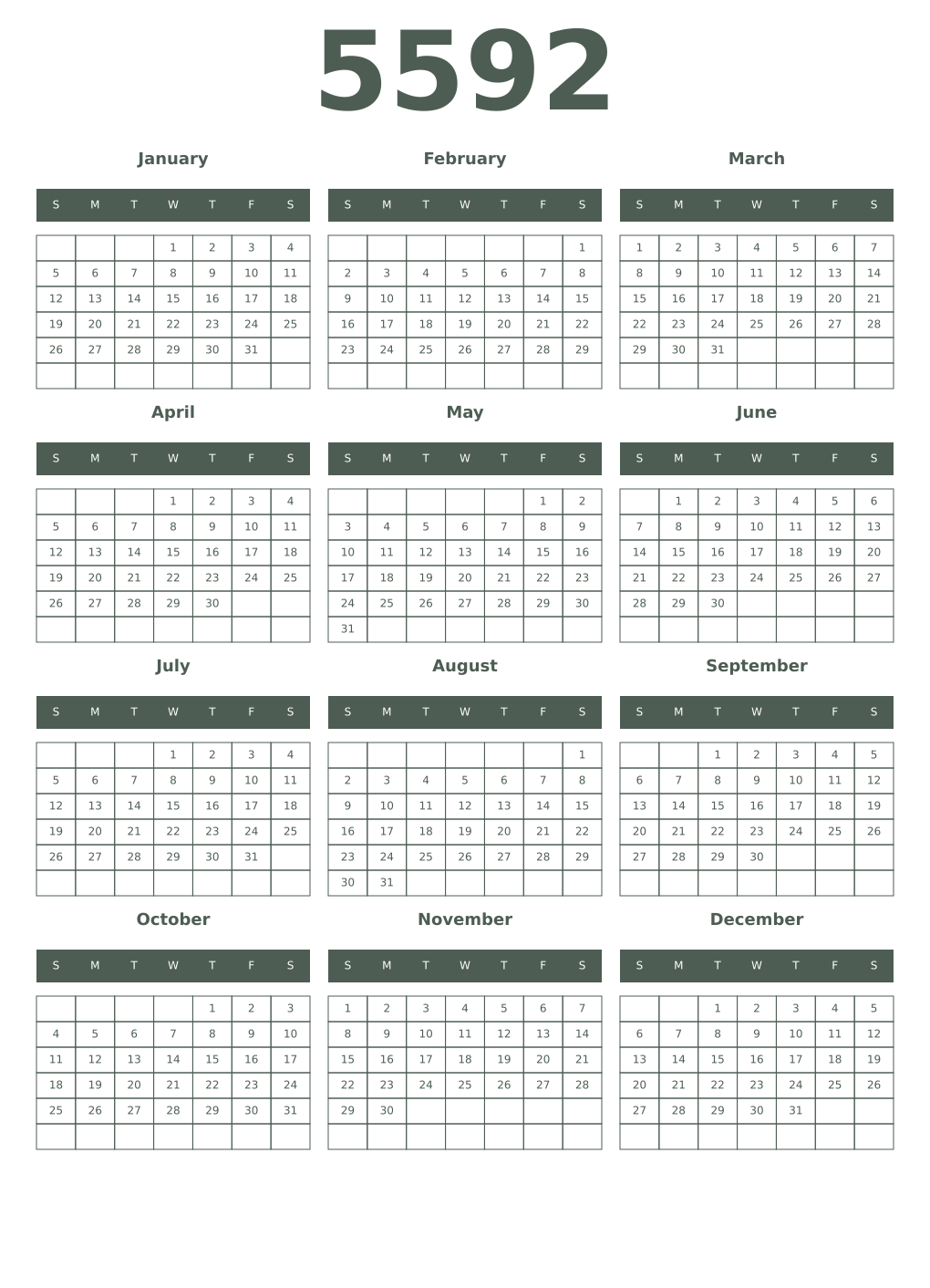 Printable 5592 Year Calendars feldgrau