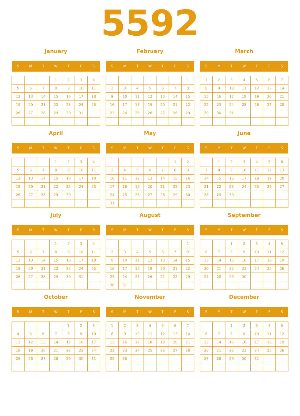 Printable 5592 Year Calendars gamboge