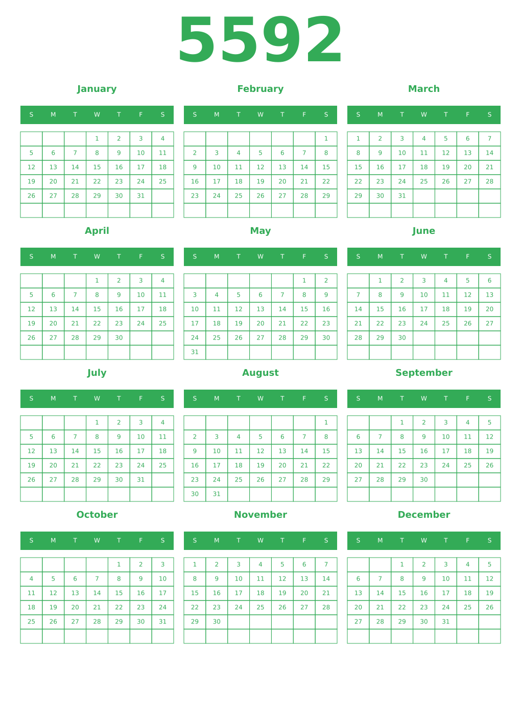 Printable 5592 Year Calendars green