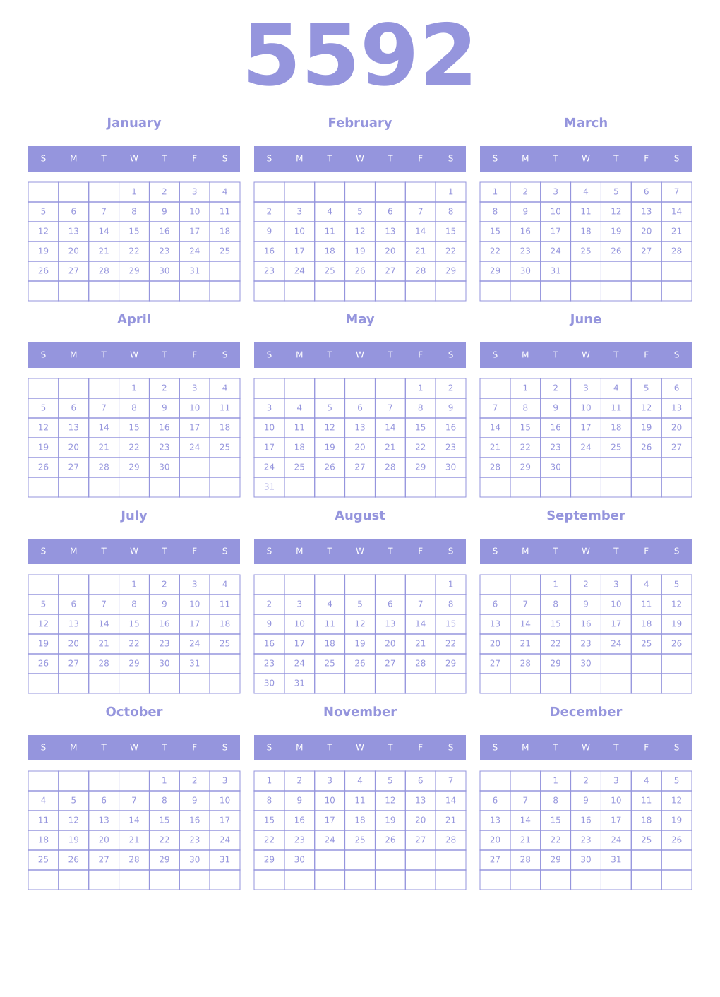 Printable 5592 Year Calendars periwinkle
