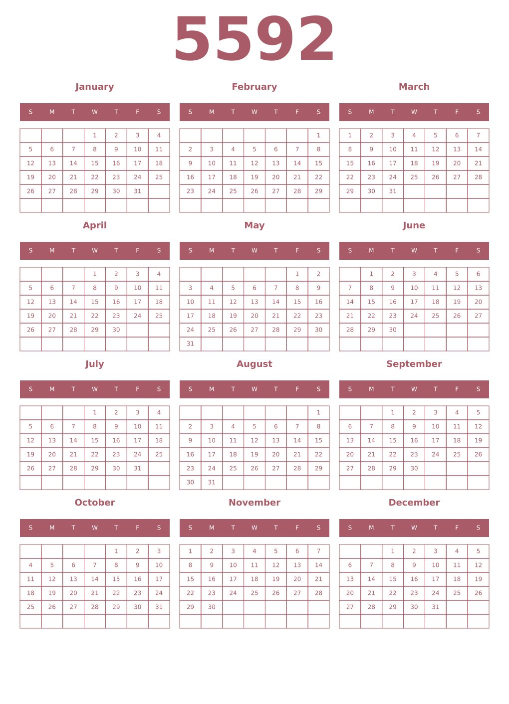 Printable 5592 Year Calendars puce