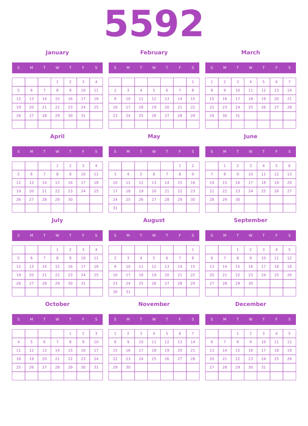 Printable 5592 Year Calendars purple