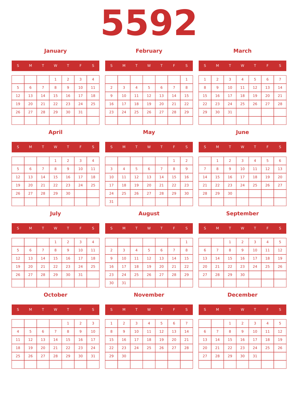 Printable 5592 Year Calendars red