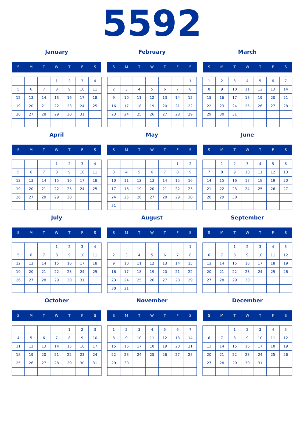 Printable 5592 Year Calendars smalt