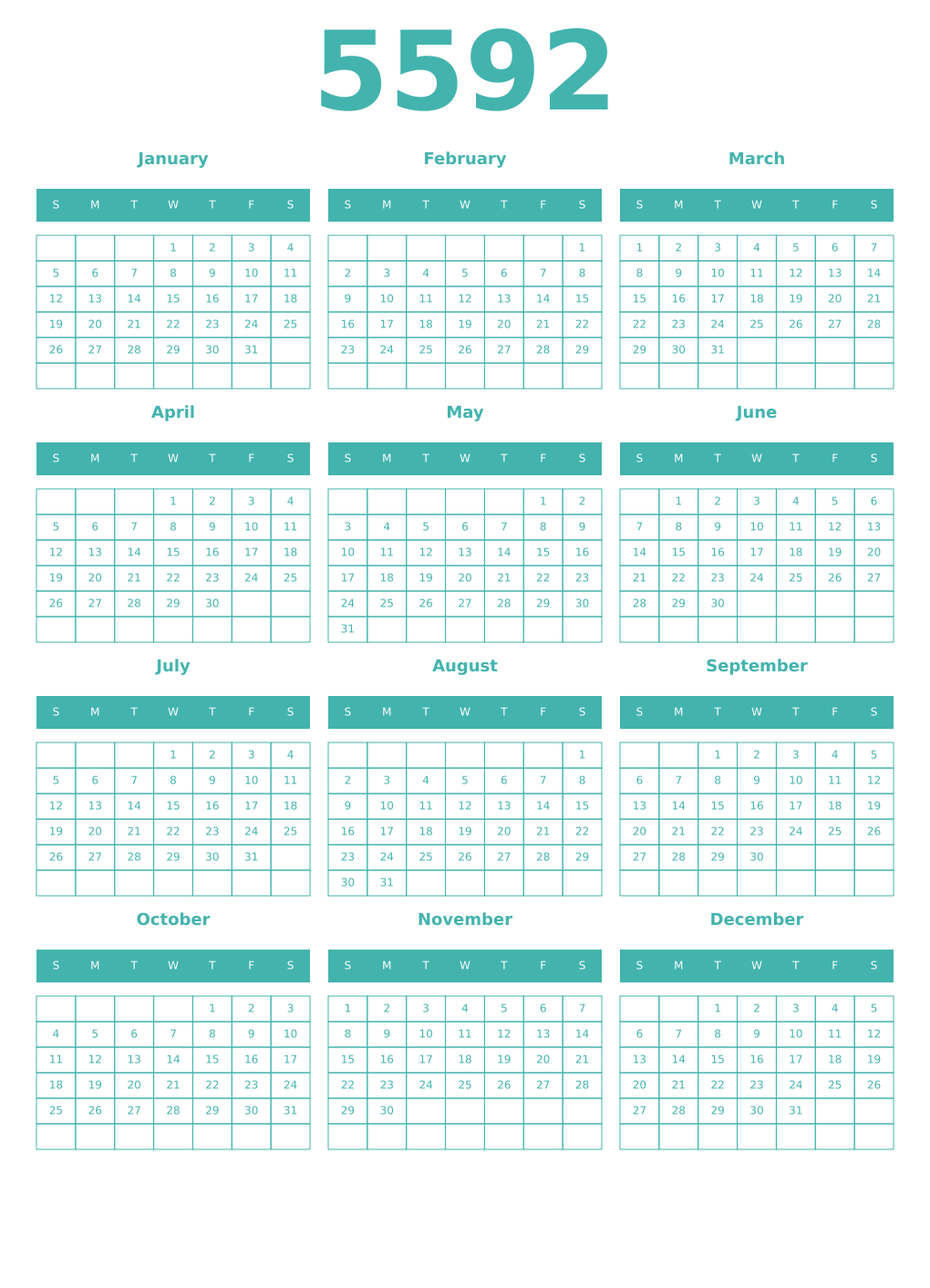 Printable 5592 Year Calendars verdigris