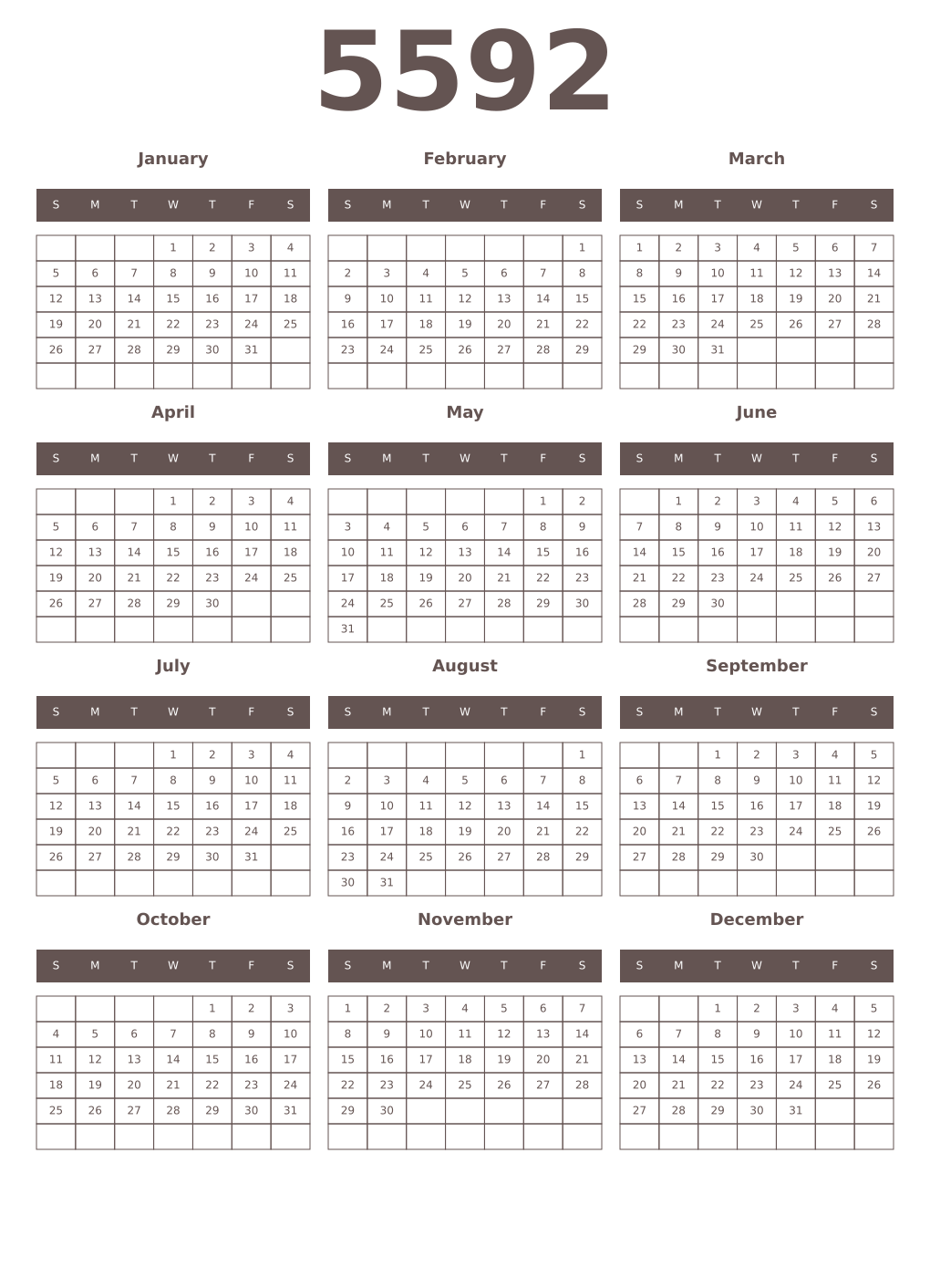 Printable 5592 Year Calendars wenge