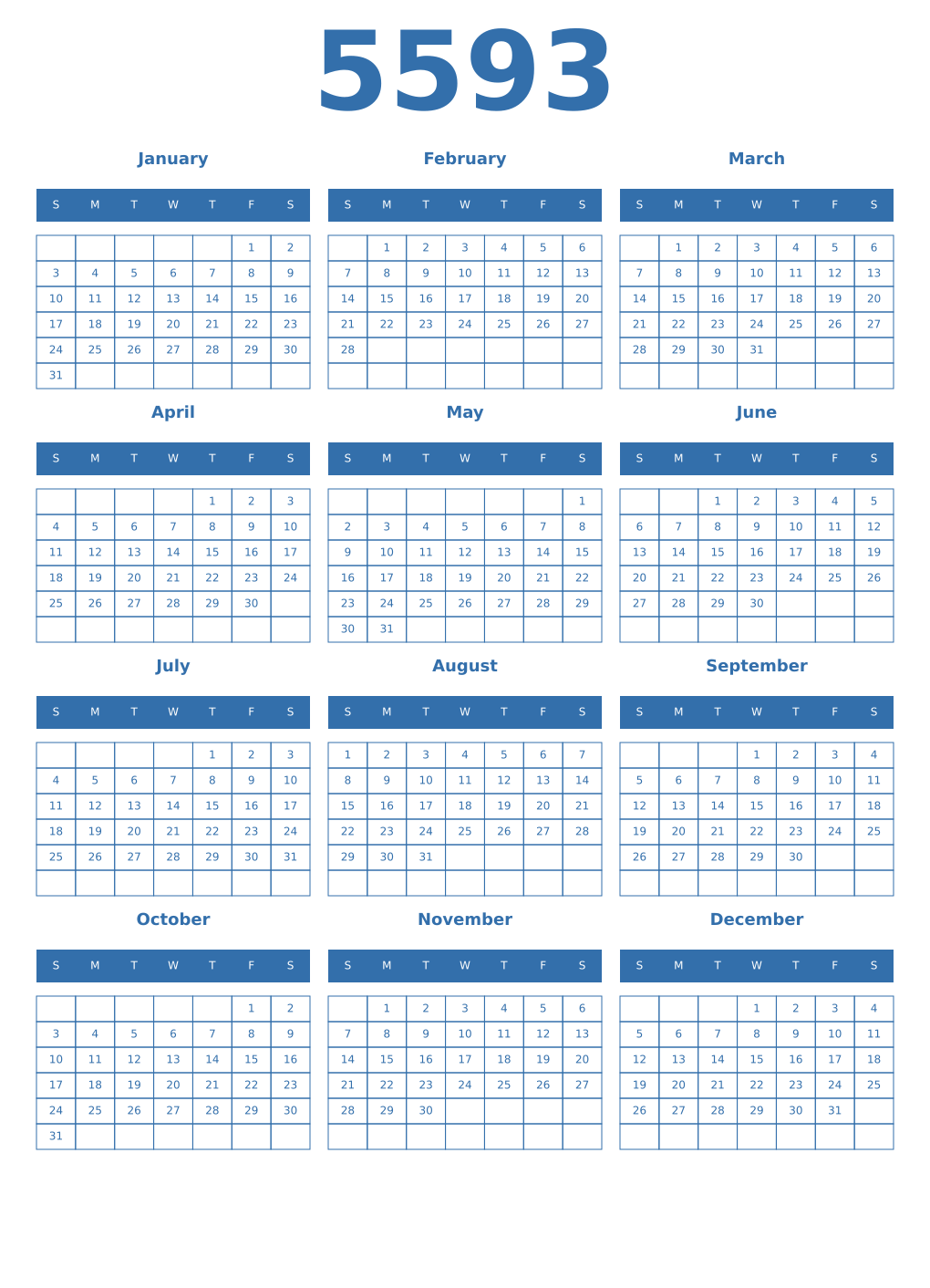 Printable 5593 Year Calendars blue