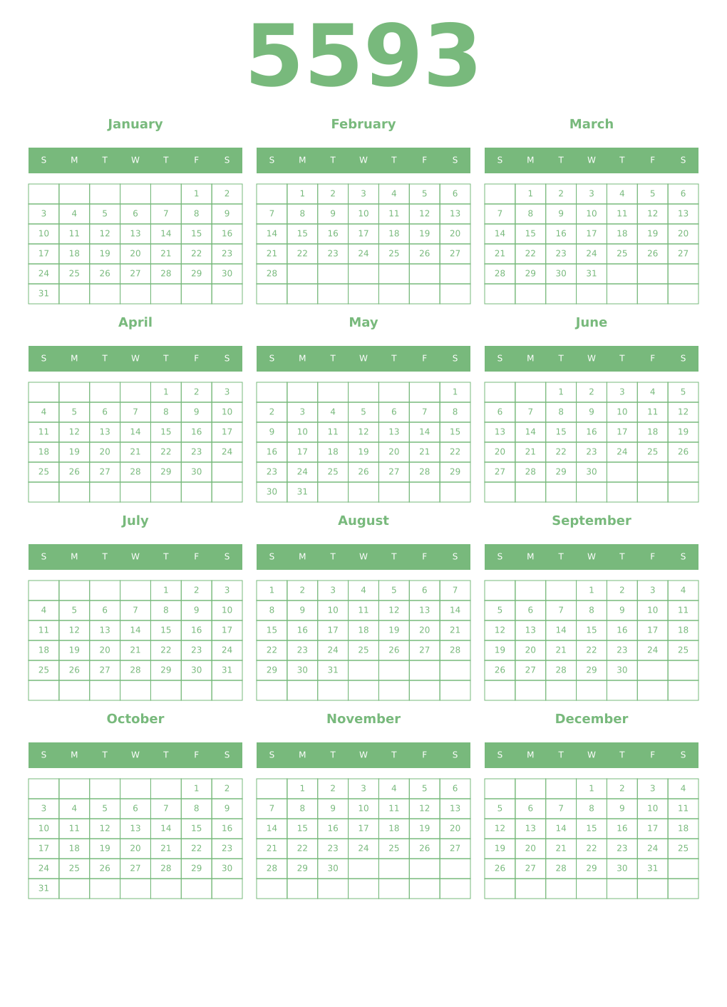 Printable 5593 Year Calendars celadon