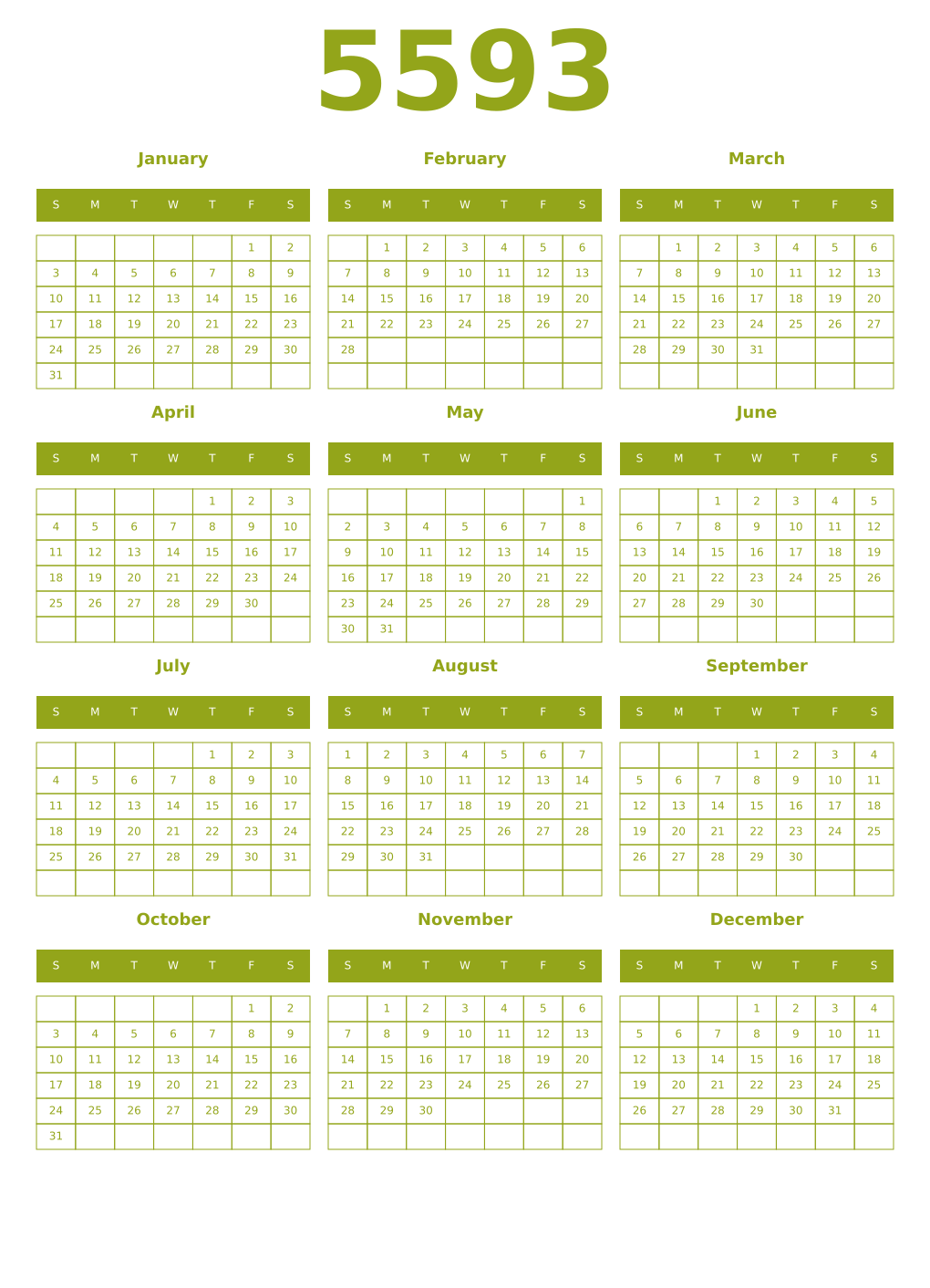 Printable 5593 Year Calendars chartreuse