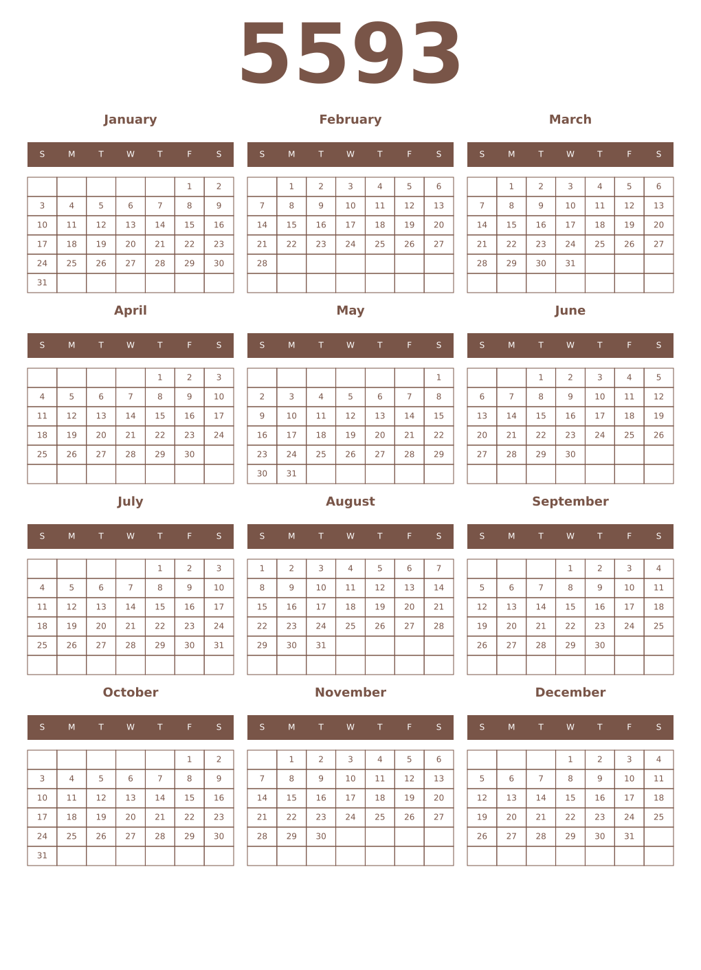 Printable 5593 Year Calendars coffe