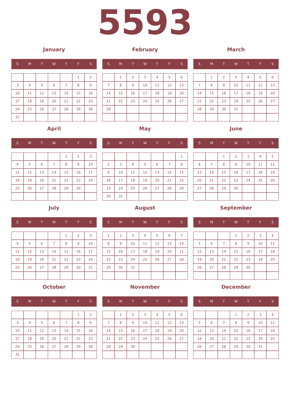 Printable 5593 Year Calendars cordovan