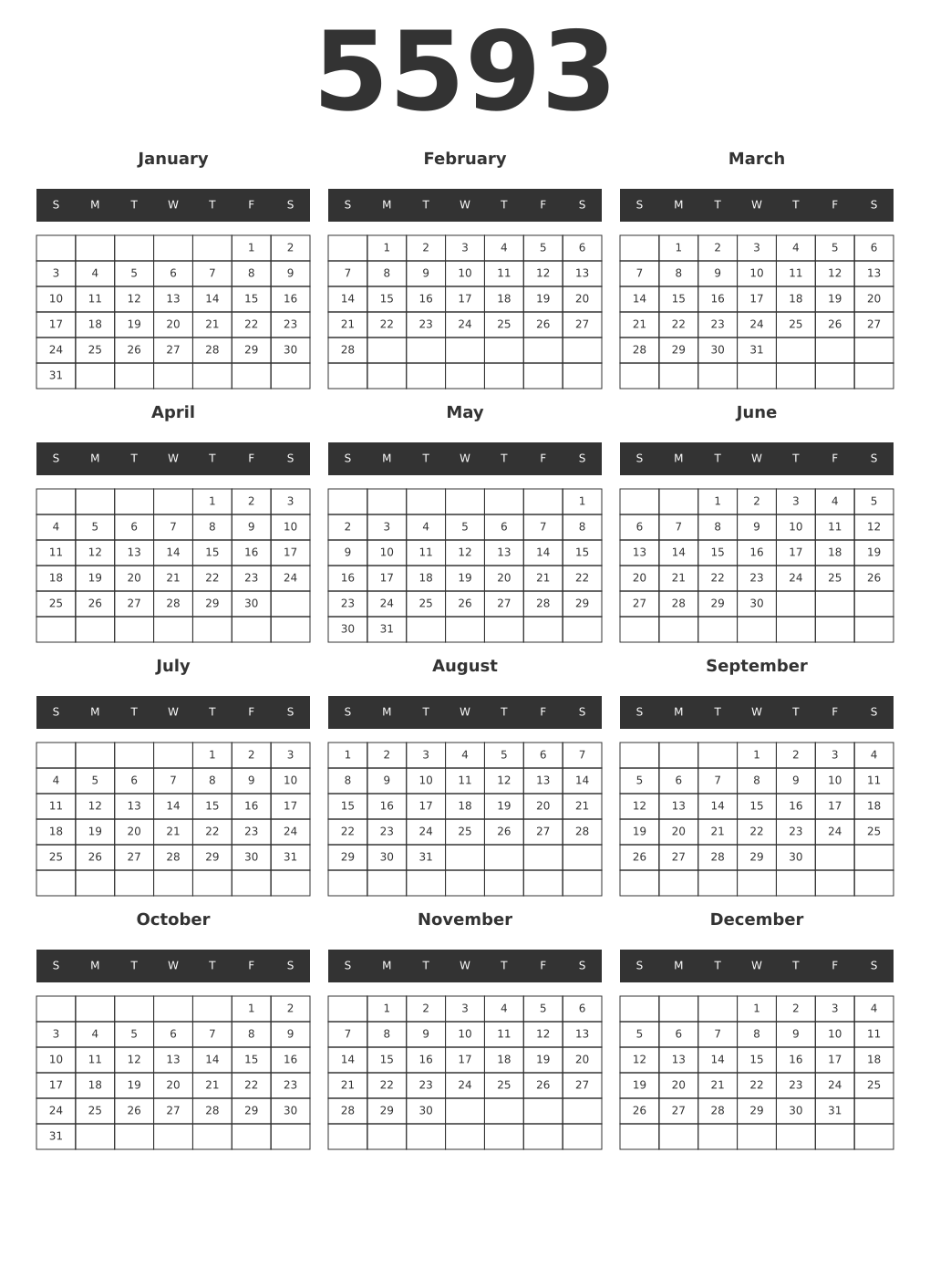 Printable 5593 Year Calendars dark