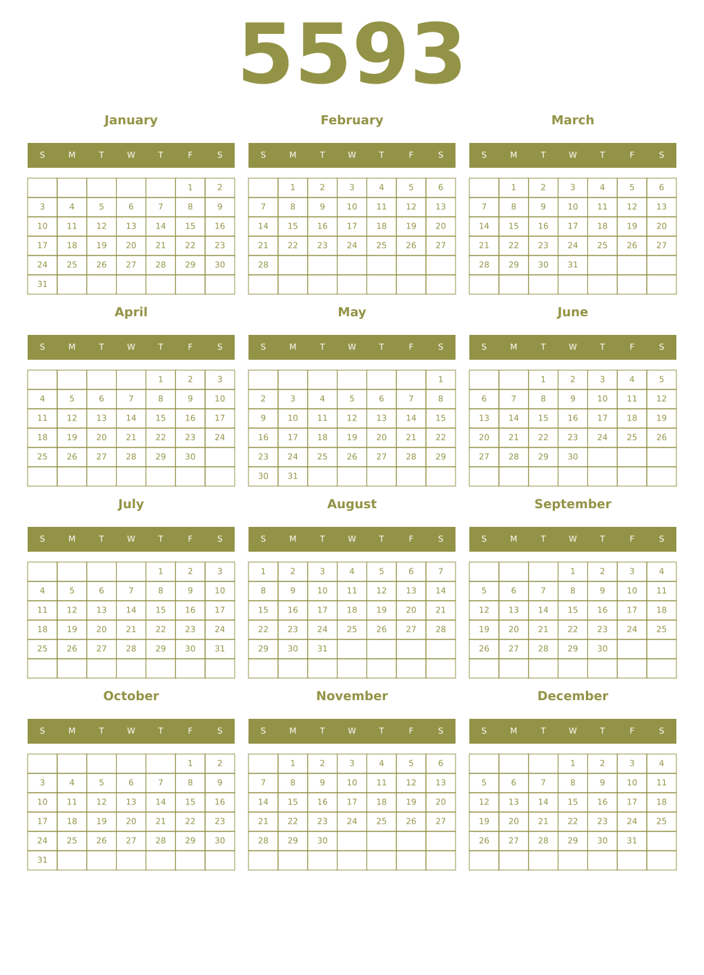 Printable 5593 Year Calendars eburnean