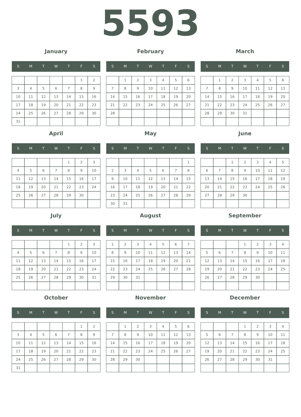 Printable 5593 Year Calendars feldgrau
