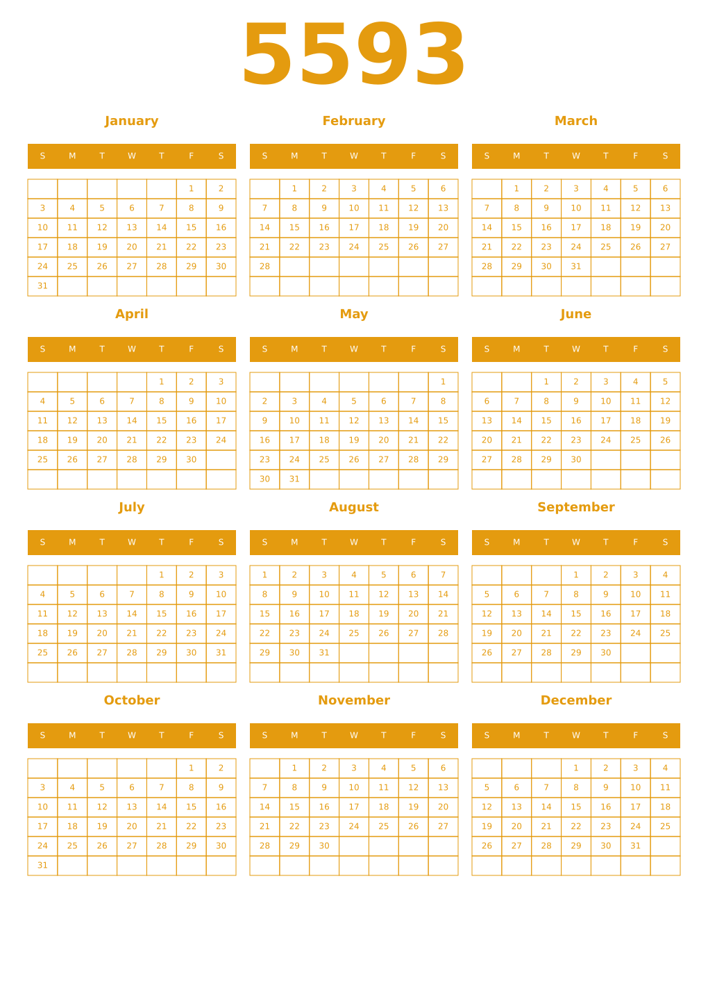 Printable 5593 Year Calendars gamboge