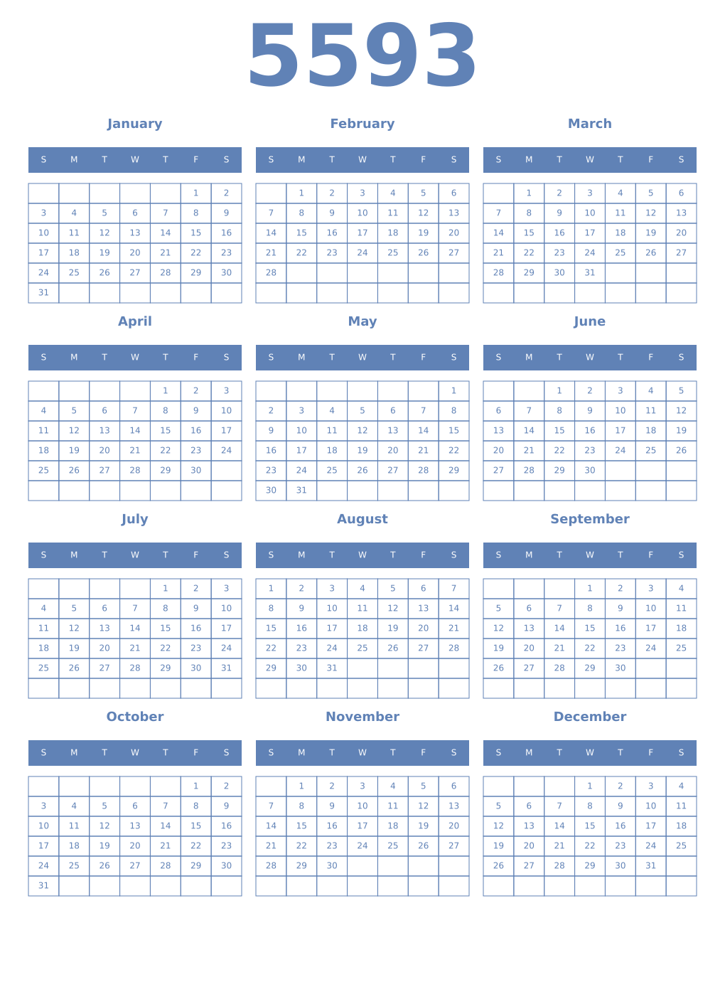 Printable 5593 Year Calendars glaucous