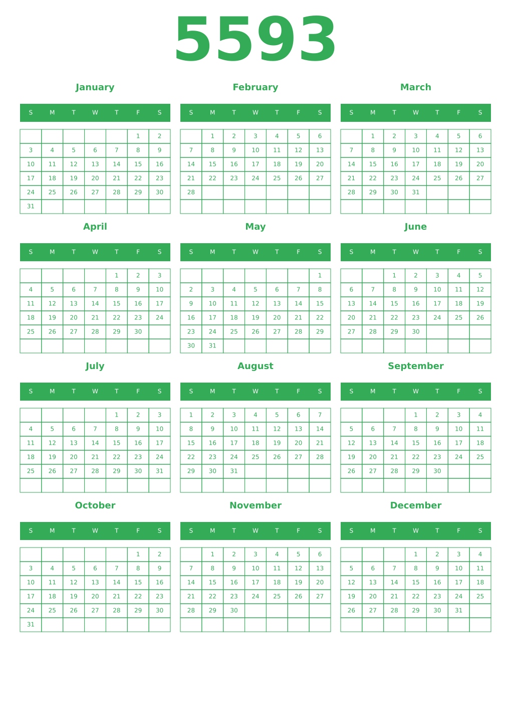 Printable 5593 Year Calendars green