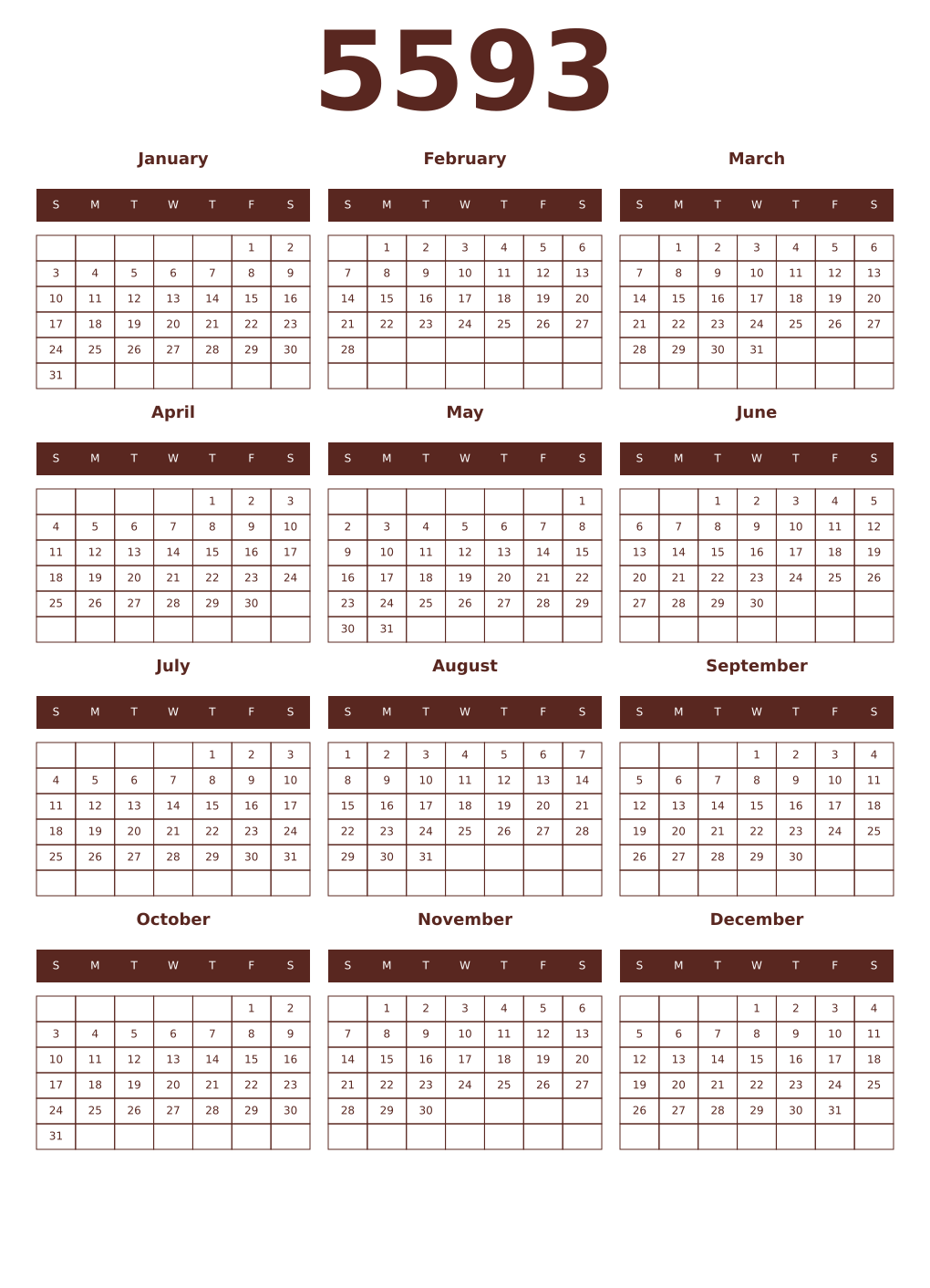 Printable 5593 Year Calendars mortuum