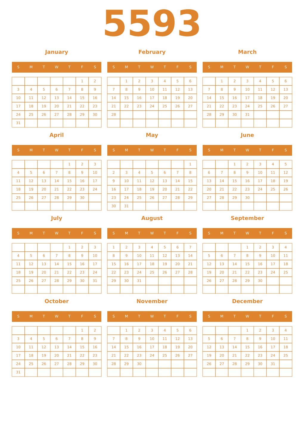 Printable 5593 Year Calendars orange