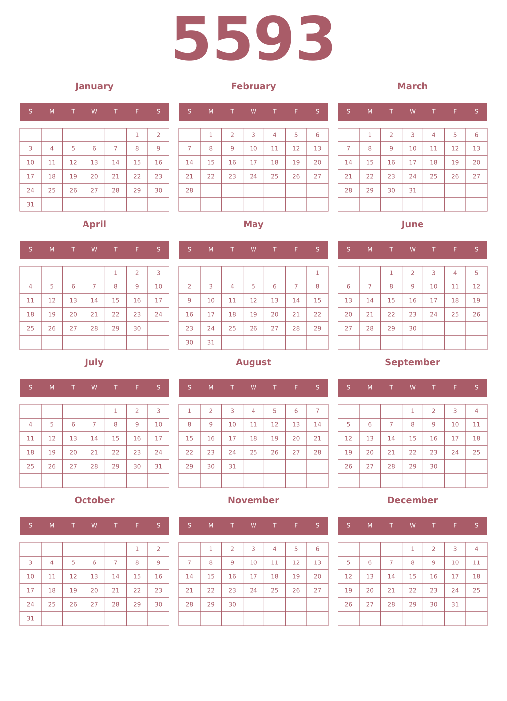 Printable 5593 Year Calendars puce