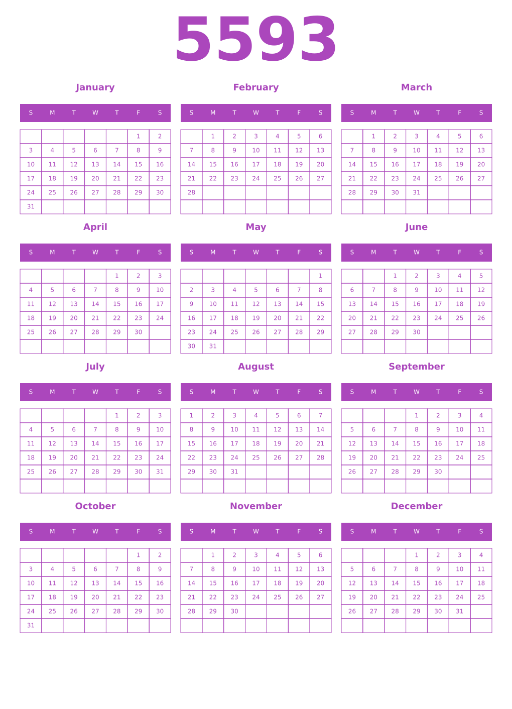 Printable 5593 Year Calendars purple