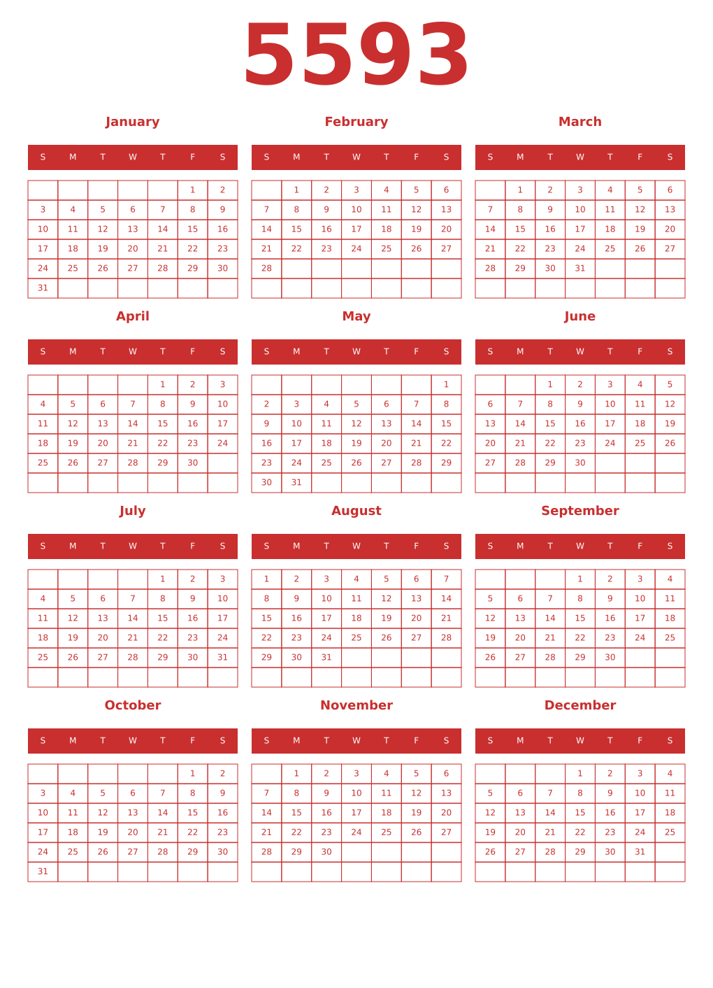 Printable 5593 Year Calendars red