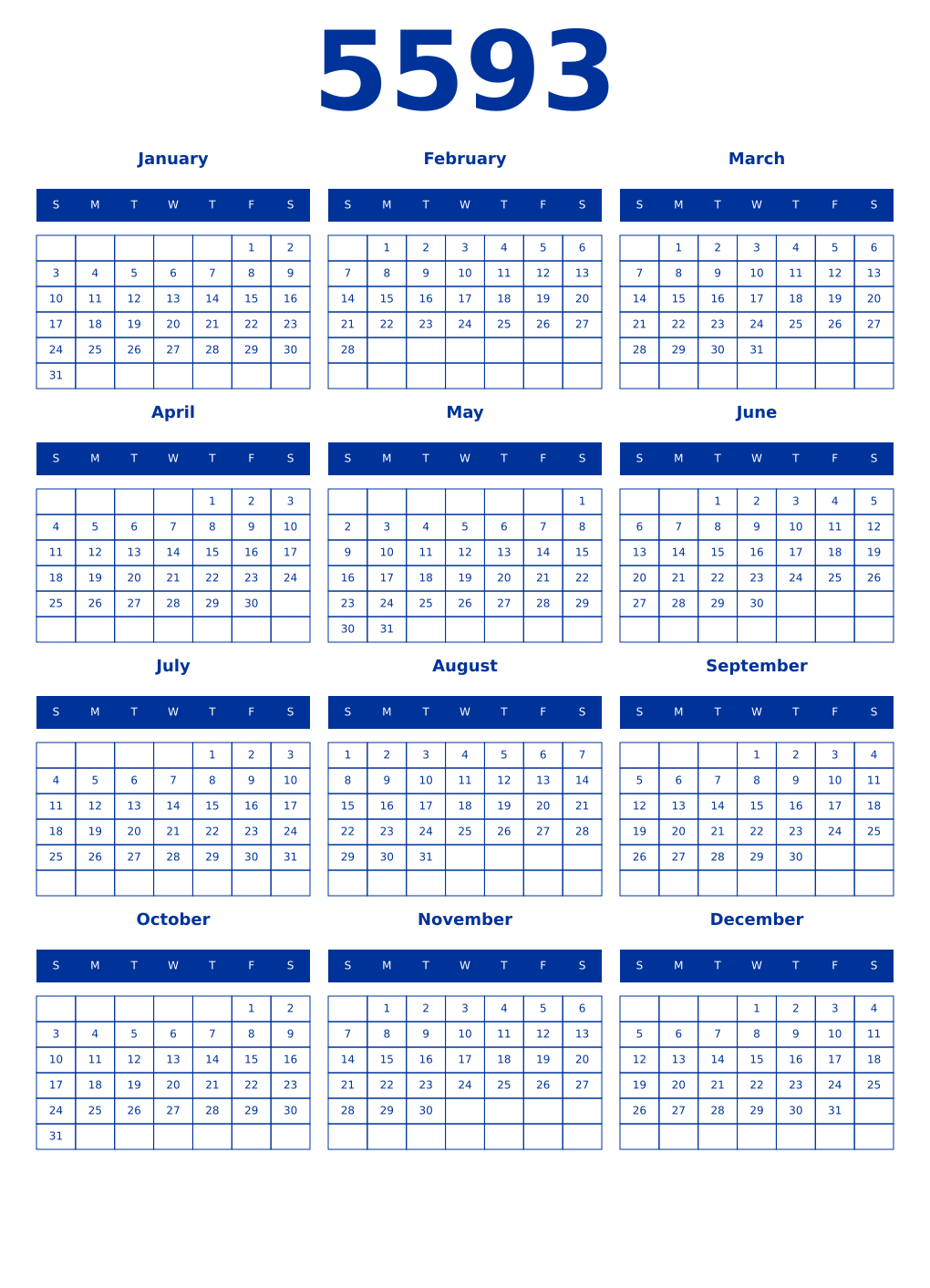 Printable 5593 Year Calendars smalt